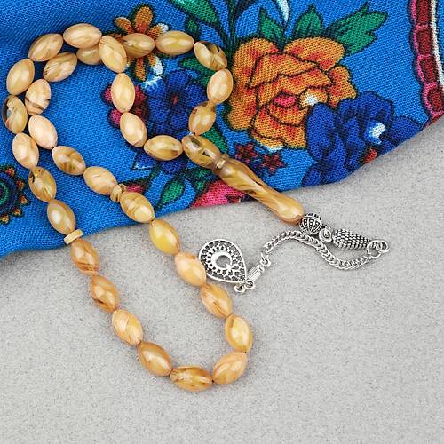 S�kma Kehribar Alpaka P�sk�ll� Beyzi Kesim 7x11mm Tesbih- Krem Sar�