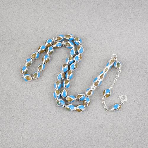 G�m�� Kaplama Kafesli Mine Beyzi 7x9mm Tesbih -Mavi Sar�