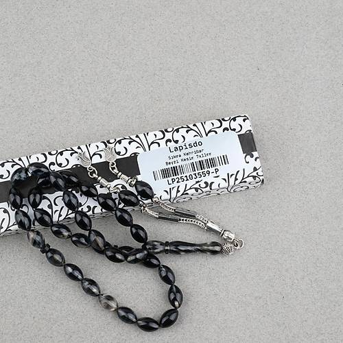 S�kma Kehribar Beyzi Kesim Alpaka P�sk�ll� 7x11mm Tesbih Siyah Gri