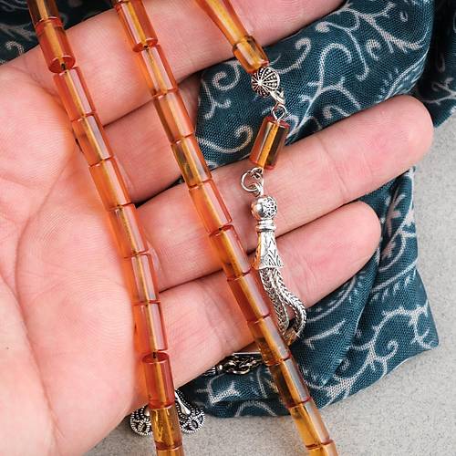 S�kma Kehribar Kesme Kesim Alpaka P�sk�ll� 6x10mm Tesbih Turuncu