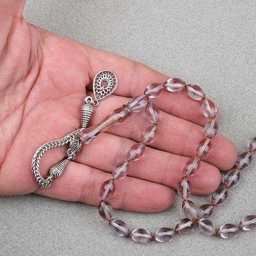 Ate� Kehribar Alpaka P�sk�ll� Beyzi Kesim 7x11mm Tesbih- �effaf Gri