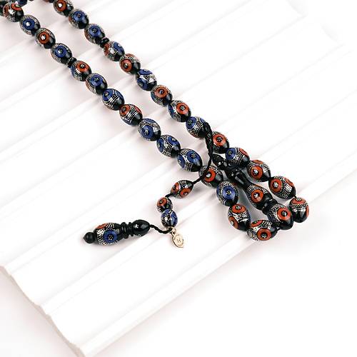 Erzurum Oltu Beyzi Kesim Mercan ve Mine�1000 Ayar G�m�� ��lemeli�9.5x13.5mm Tesbih