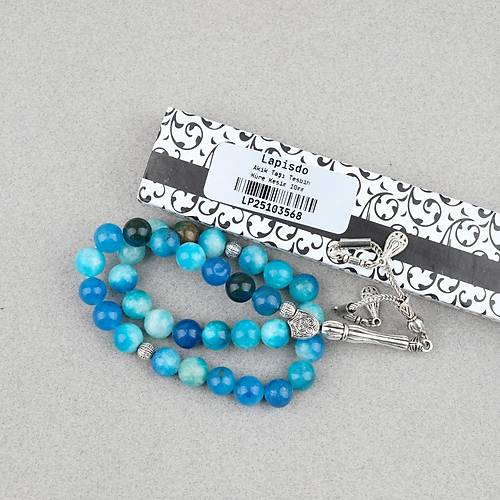 Akik Ta�� K�re Kesim 10mm Tesbih Alpaka P�sk�ll� Turkuaz Mavi