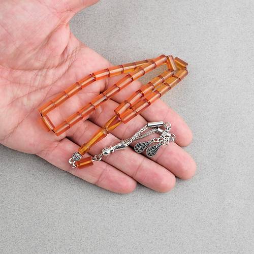 S�kma Kehribar Kesme Kesim Alpaka P�sk�ll� 6x10mm Tesbih Turuncu