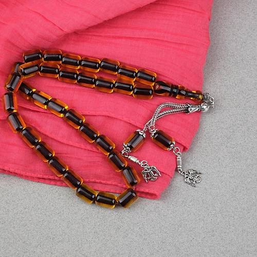 Ate� Kehribar Alpaka P�sk�ll� Kaps�l Kesim 9x12mm Tesbih - Siyah Sar�