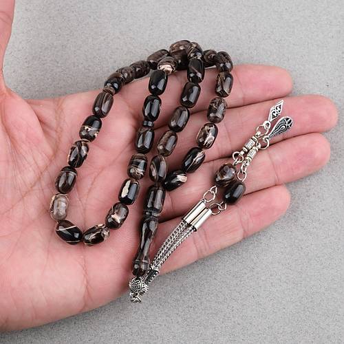 S�kma Kehribar Kaps�l Kesim Alpaka P�sk�ll� 7x11mm Tesbih Kahverengi