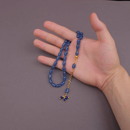 S�kma Kehribar Kaps�l Kesim Alt�n Renk P�sk�ll� 7x11mm Tesbih Mavi