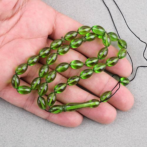 S�kma Kehribar Beyzi Kesim 7x11mm Tesbih P�sk�ls�z Ye�il