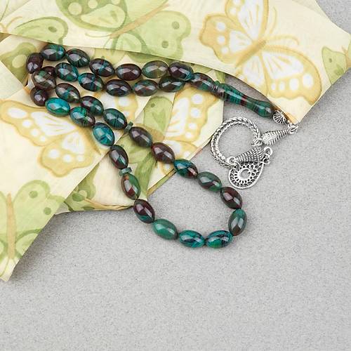 S�kma Kehribar Alpaka P�sk�ll� Beyzi Kesim 7x11mm Tesbih- Krem Ye�il