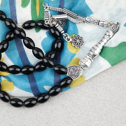 Oniks Ta�� Beyzi Kesim 6.5x9mm Tesbih Alpaka P�sk�ll� Parlak Siyah