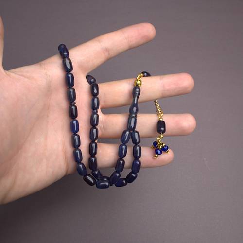 S�kma Kehribar Kaps�l Kesim Alt�n Renk P�sk�ll� 7x11mm Tesbih Petrol Mavisi