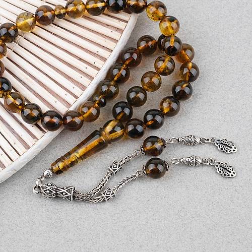 Kaya Damla Kehribar 925Ayar G�m�� P�sk�ll� K�re Kesim 10mm Tesbih