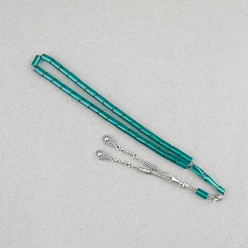 S�kma Kehribar Kesme Kesim Alpaka P�sk�ll� 6x10mm Tesbih A��k Ye�il