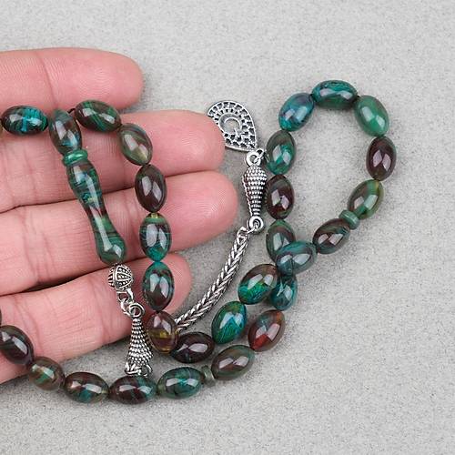 S�kma Kehribar Alpaka P�sk�ll� Beyzi Kesim 7x11mm Tesbih- Krem Ye�il