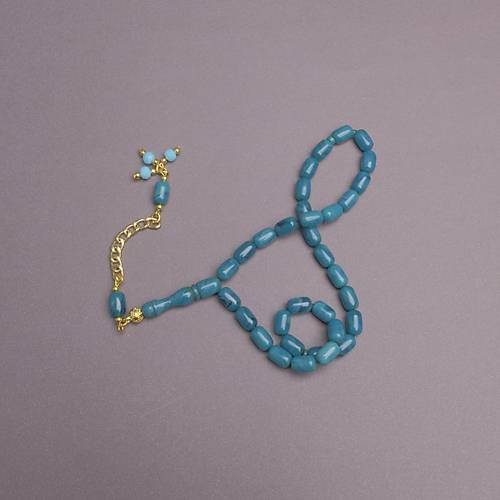 S�kma Kehribar Kaps�l Kesim Alt�n Renk P�sk�ll� 7x11mm Tesbih Turkuaz Ye�ili