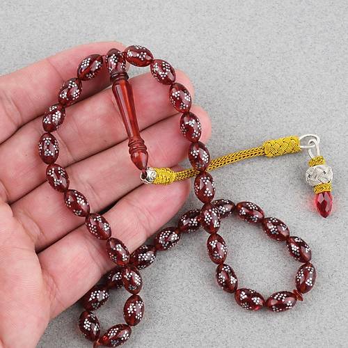 Ate� Kehribar �ak�ml� Kazas P�sk�ll� Beyzi Kesim 7x10mm Tesbih