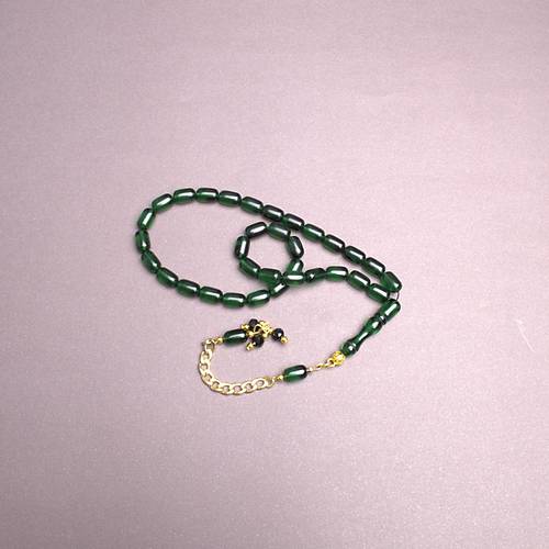 S�kma Kehribar Kaps�l Kesim Alt�n Renk P�sk�ll� 7x11mm Tesbih Koyu Ye�il