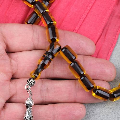 Ate� Kehribar Alpaka P�sk�ll� Kaps�l Kesim 9x12mm Tesbih - Siyah Sar�