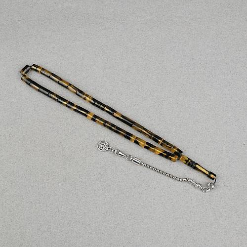 Ate� Kehribar Alpaka P�sk�ll� Kesme Kesim 6x10mm Tesbih - Koyu Sar� - Siyah