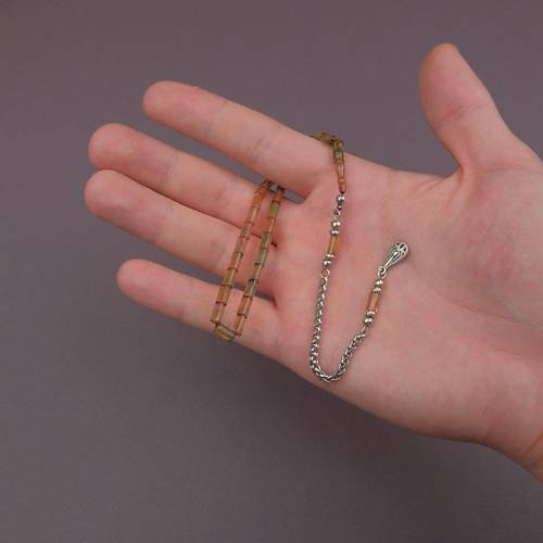 S�kma Kehribar Bilek Boy Kesme Kesim 4x7mm Sallama Tesbih Ye�il-Sar�