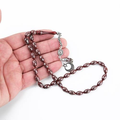 Ate Kehribar 925Ayar Gm akm ve Gm Pskl Beyzi Kesim 6.5x11mm Tesbih -Krmz