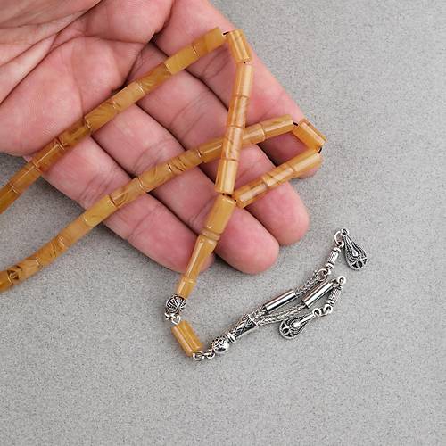 S�kma Kehribar Kesme Kesim Alpaka P�sk�ll� 6x10mm Tesbih Sar�