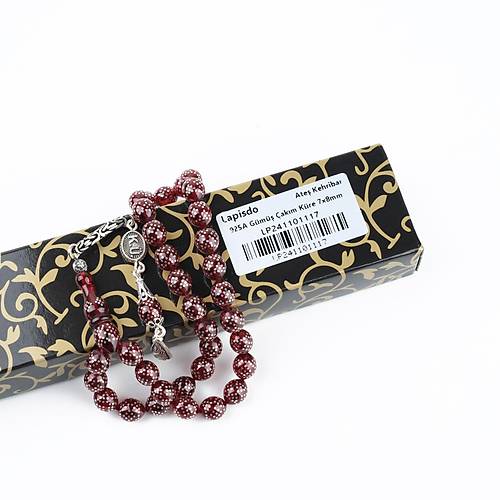 Ate Kehribar 925Ayar Gm akm ve Gm Pskl Bilek Boy Kre Kesim 7x8mm Tesbih -Krmz