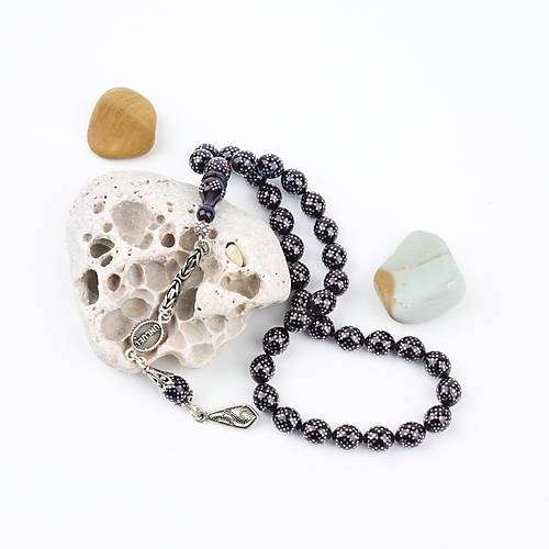 Ate Kehribar 925Ayar Gm akm ve Gm Pskl Bilek Boy Kre Kesim 7x8mm Tesbih - Mavi