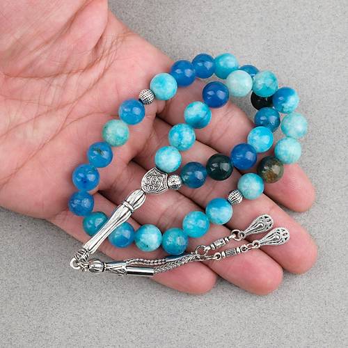Akik Ta�� K�re Kesim 10mm Tesbih Alpaka P�sk�ll� Turkuaz Mavi