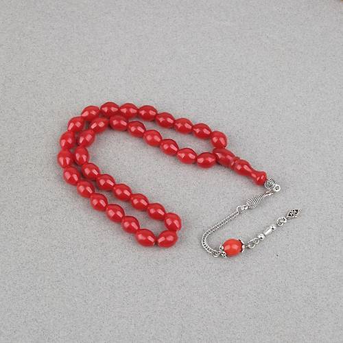 S�kma Kehribar Alpaka P�sk�ll� Beyzi Kesim 9x11mm Tesbih - K�rm�z�