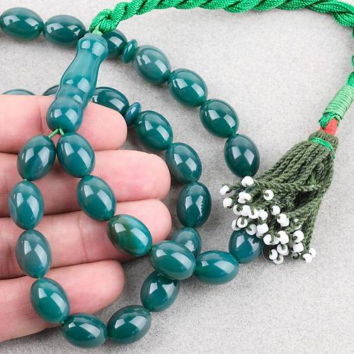 Akik Ta�� Habbe ve �mame Dahil Akik Yumurta kesim 10.5x14mm Tesbih - Ye�il