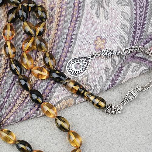 S�kma Kehribar Alpaka P�sk�ll� Beyzi Kesim 7x11mm Tesbih- Sar� Siyah