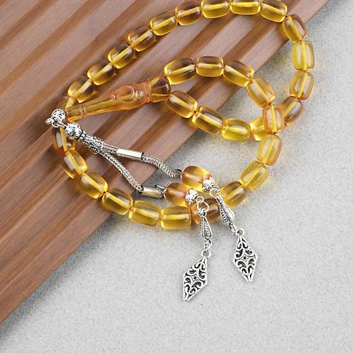 Ate� Kehribar Ayy�ld�z ��lemeli �mame Kaps�l Kesim 9x11mm Tesbih - Sar�