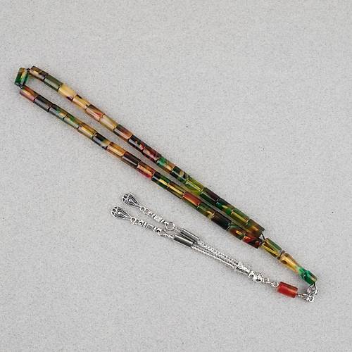 S�kma Kehribar Kesme Kesim Alpaka P�sk�ll� 6x10mm Tesbih Sar� Ye�il