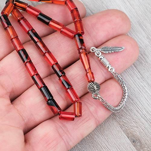 Ate� Kehribar Alpaka P�sk�ll� Kesme Kesim 4x7mm Tesbih- Siyah-K�rm�z�
