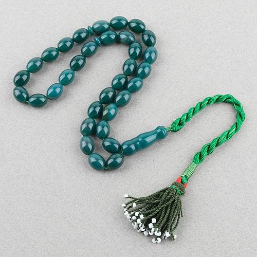 Akik Ta�� Habbe ve �mame Dahil Akik Yumurta kesim 10.5x14mm Tesbih - Ye�il