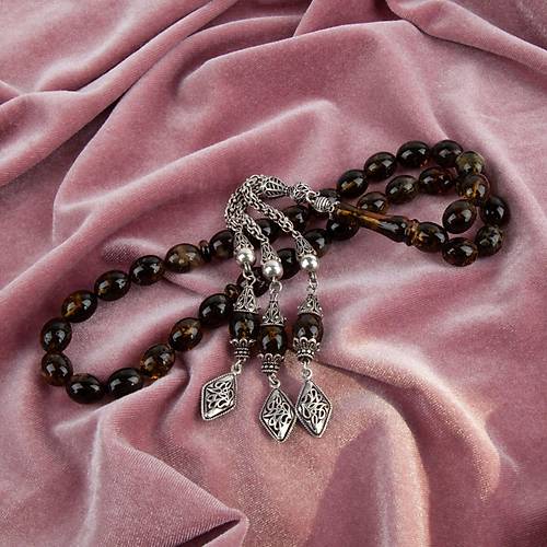 Balt�k Kaya 925Ayar G�m�� P�sk�l Damla Beyzi Kesim 10x13mm Tesbih (51gr)