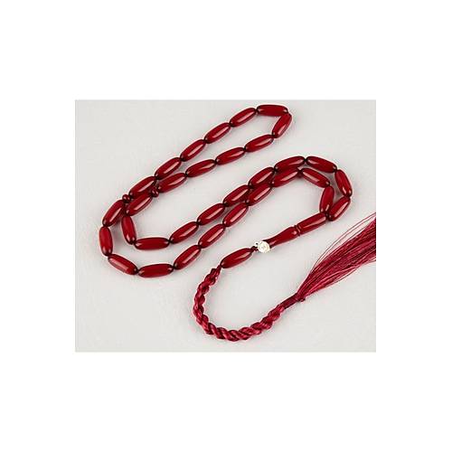 Skma Kehribar Uzun Arpa Kesim 7x12mm Tesbih - Krmz