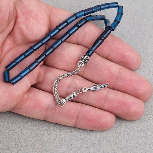 Ate� Kehribar Alpaka P�sk�ll� Kesme Kesim 4x7mm Tesbih- Koyu Petrol Mavisi