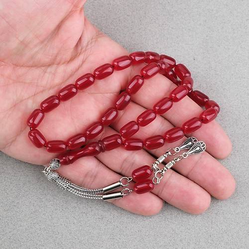 S�kma Kehribar Kaps�l Kesim Alpaka P�sk�ll� 7x11mm Tesbih K�rm�z�
