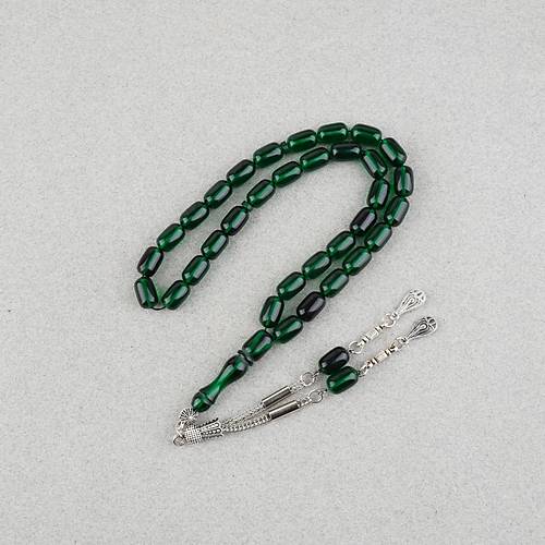 S�kma Kehribar Kaps�l Kesim Alpaka P�sk�ll� 7x11mm Tesbih Koyu Ye�il