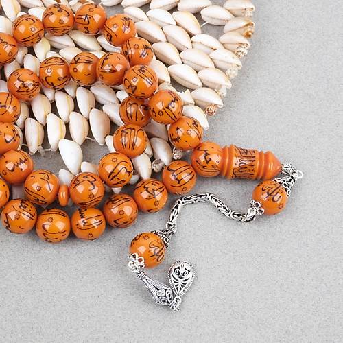 S�kma Kehribar Allah cc 99 ismi Yaz�l� 925Ayar G�m�� P�sk�ll� K�re Kesim 14mm Tesbih