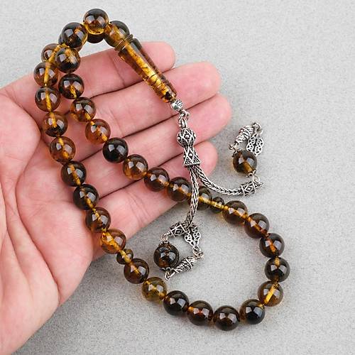 Kaya Damla Kehribar 925Ayar G�m�� P�sk�ll� K�re Kesim 10mm Tesbih