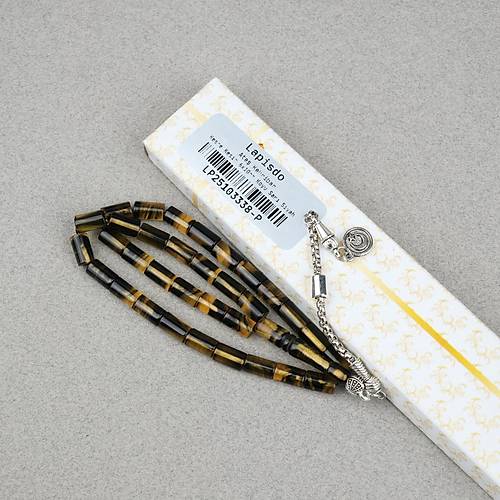 Ate� Kehribar Alpaka P�sk�ll� Kesme Kesim 6x10mm Tesbih - Koyu Sar� - Siyah