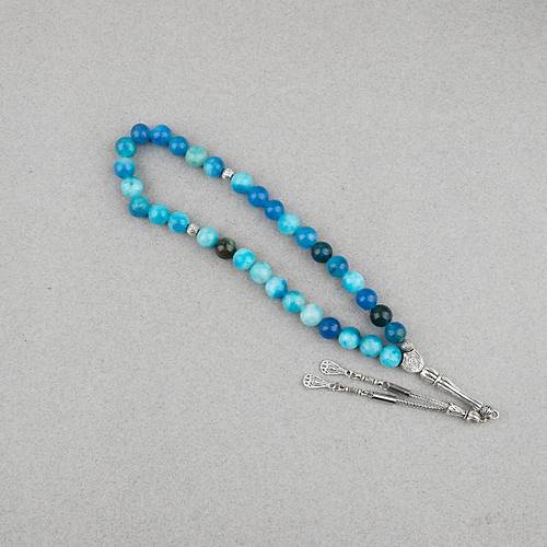 Akik Ta�� K�re Kesim 10mm Tesbih Alpaka P�sk�ll� Turkuaz Mavi
