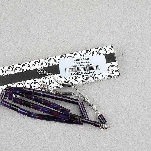 S�kma Kehribar Kesme Kesim Alpaka P�sk�ll� 6x10mm Tesbih Mor