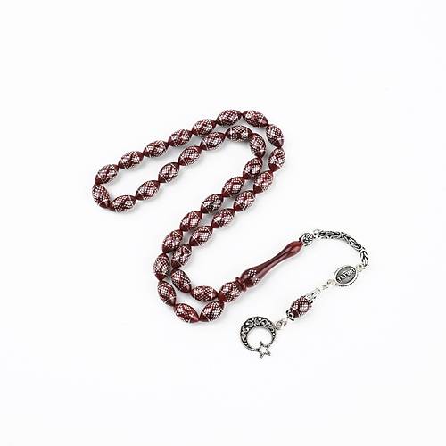 Ate Kehribar 925Ayar Gm akm ve Gm Pskl Beyzi Kesim 6.5x11mm Tesbih -Krmz