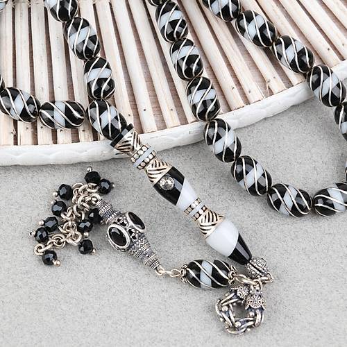 Erzurum Oltu 925Ayar G�m�� ��leme ve P�sk�l �e�mib�lb�l Nakka� �mame Kaps�l Kesim 8x12mm Tesbih