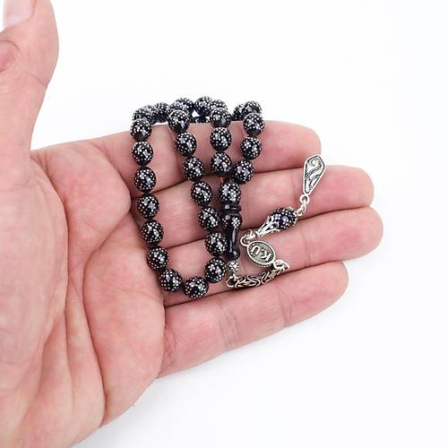 Ate Kehribar 925Ayar Gm akm ve Gm Pskl Bilek Boy Kre Kesim 7x8mm Tesbih - Mavi