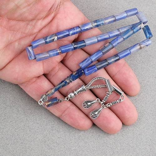 S�kma Kehribar Kesme Kesim Alpaka P�sk�ll� 6x10mm Tesbih Mavi